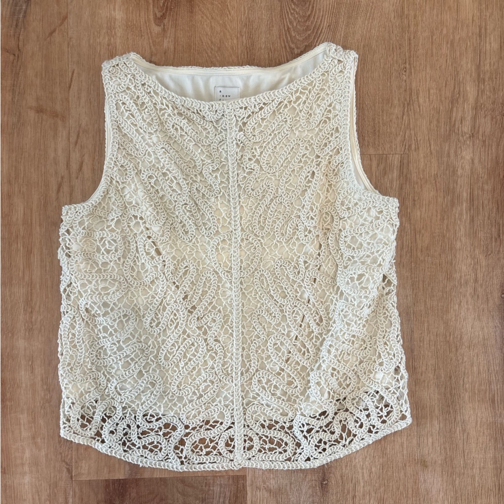 NEW! Women's Small Ivory Crochet Lace Lined Sleeveless Casual High-Waist Top